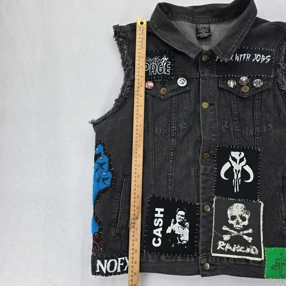 Punk Rock Vest Mens XXL Black Denim Patched Sleeveless Jacket Custom Patches - Picture 5 of 16